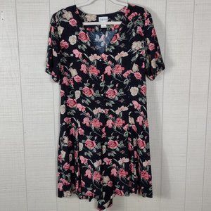 Vintage 90s Romper Button Front Black Rose Floral Print